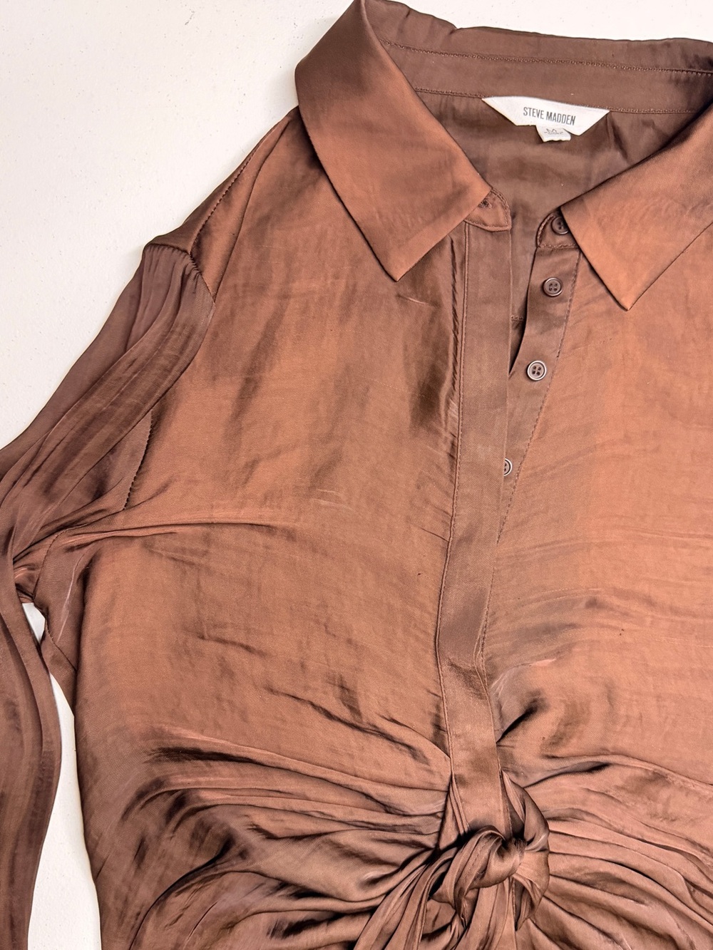 Steve Madden Tie Curious Brown Satin Ruched Tie Waist Shirt Dress Size M